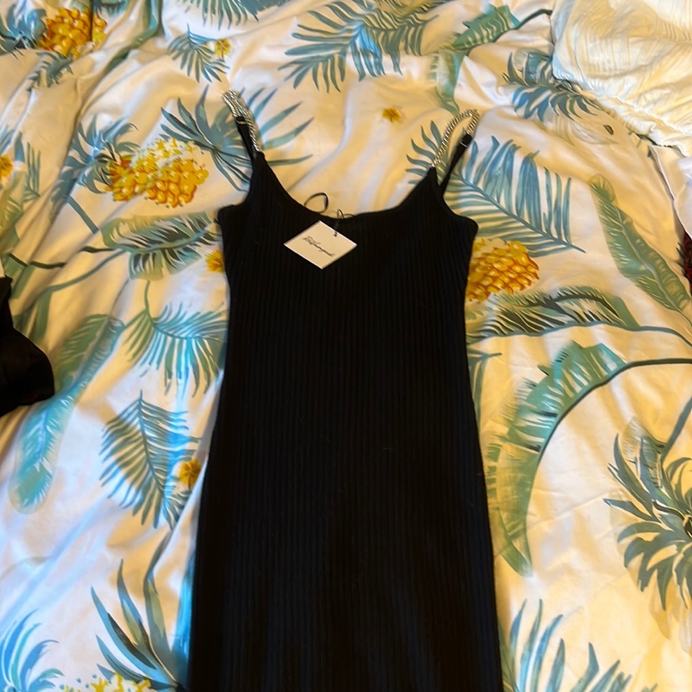 NWT black mid length dress with silver chain straps